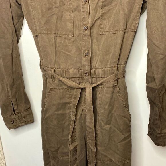 𝅺🌷 Bella Dahl🌷Soft Long Button Up Tie Waist Jumpsuit Romper Khaki Green - Picture 5 of 10